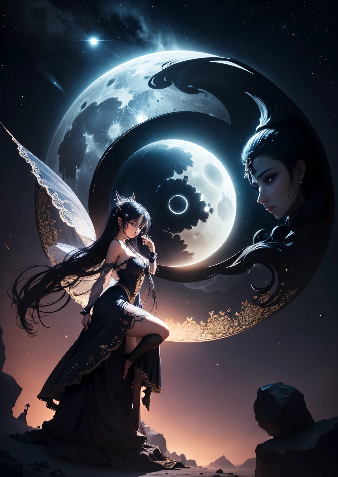 In the quiet stillness of the night, a black haired fairy of the moon sits upon her shimmering bedazzled crescent throne, her eyes alight with wonder as she watches a single star shoot across the sky. The stellar winds blow hot and cold, carrying her thoughts and dreams to the far reaches of the universe, much jewelry, topiary, filigree, beautiful silken dress, lacey accessories, time, full beautiful hair, beautiful eyes, swirling curling twirling beautiful fluffy hair,