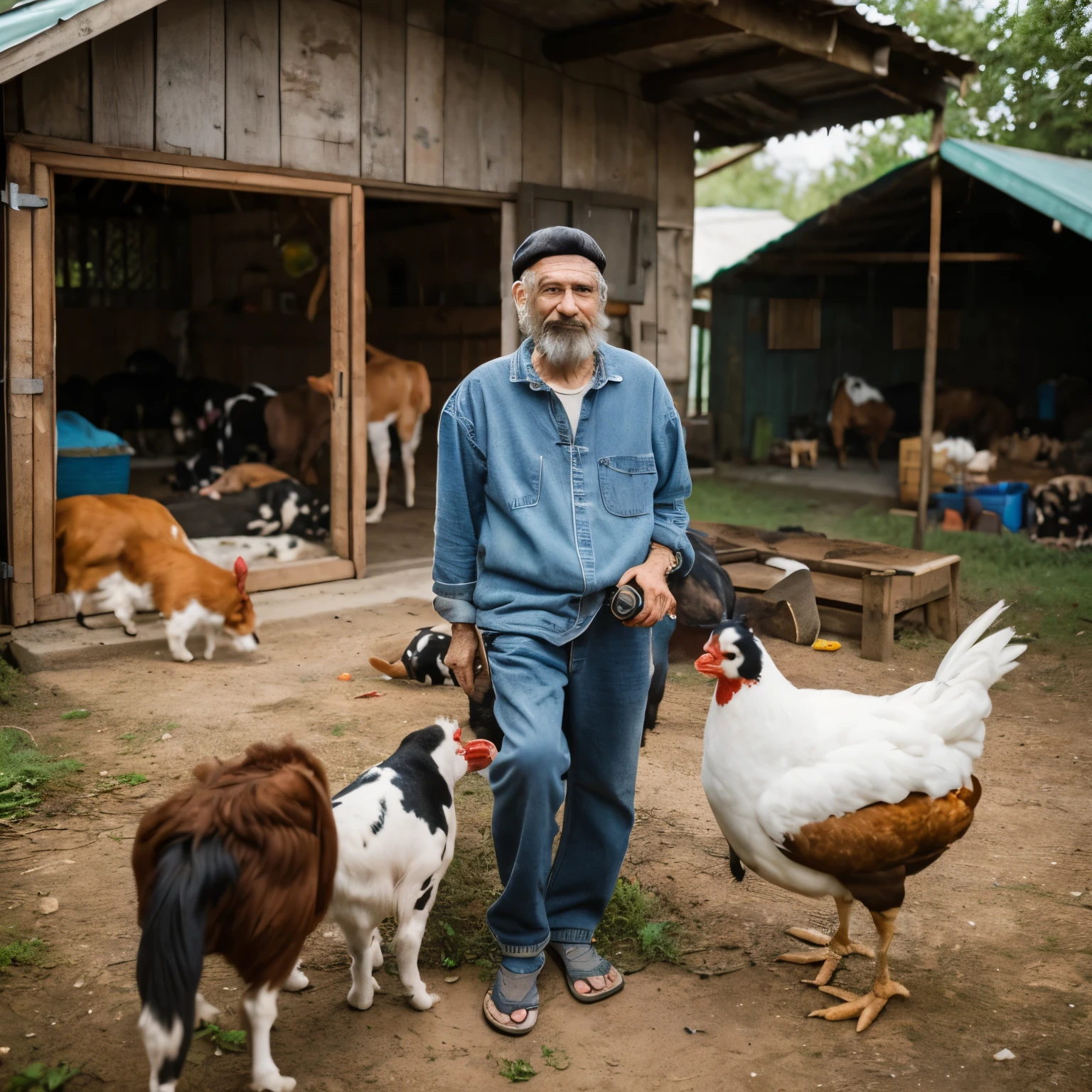  A man has been living in a quiet place for 20 years and has a lot of animals., dog ,  chicken and cow    