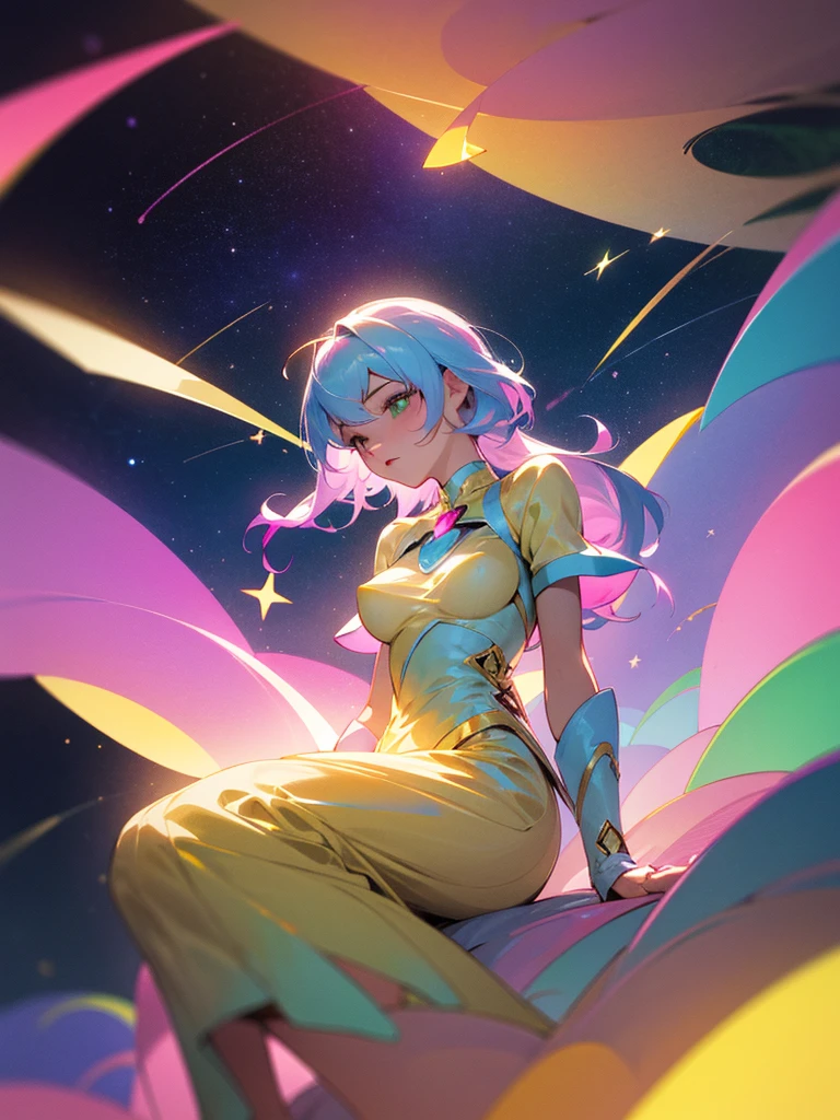 hyperrealistic, surreal, abstract image of a woman sitting on a cloud looking at the stars, she is wearing a white and gold-colored dress, long pink and blue hair, it is a yellow, pink and green sunset, style of J.scott campbell stroke, camera blur, blur in the lights
