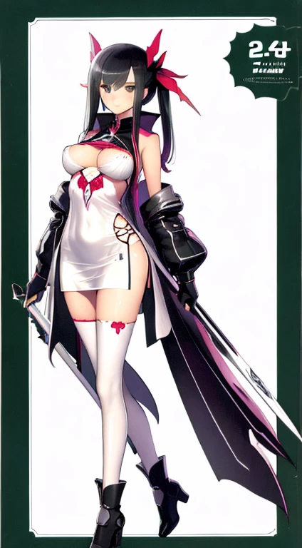 (((Best Quality))) , ((full body)), female, character design, solo, ( white background:1.3), holding staff, thigh high, summer outfit, colorful outfit, bare arms, Bust Bodice, bare waist, standing, backless casual dress, bikini, side slit skirt, gloves,