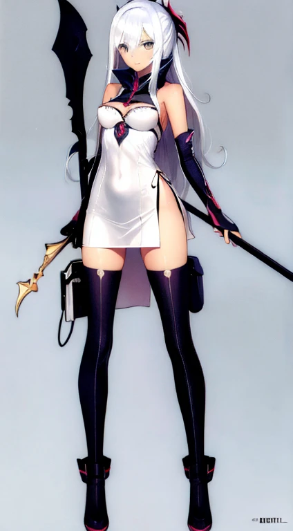 (((Best Quality))) , ((full body)), female, character design, solo, ( white background:1.3), holding staff, thigh high, summer outfit, colorful outfit, bare arms, Bust Bodice, bare waist, standing, backless casual dress, bikini, side slit skirt, gloves,