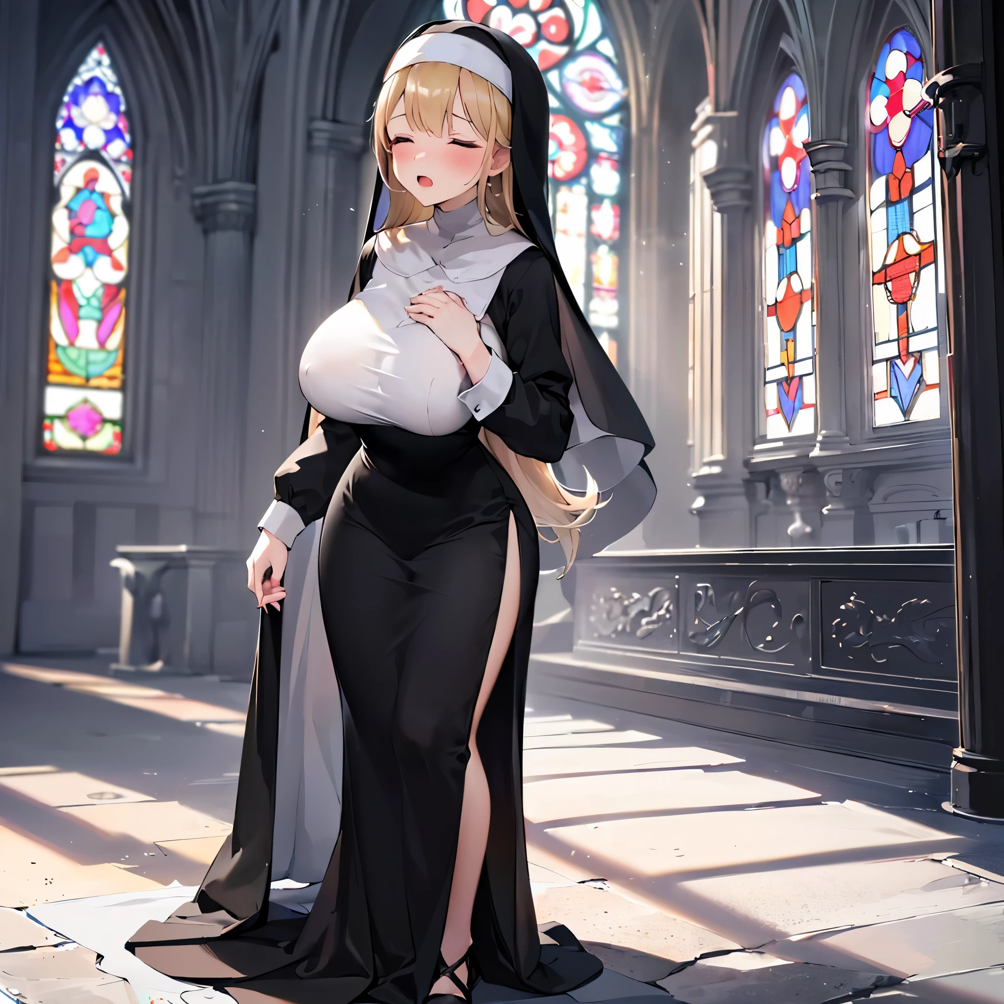 (solo 1 praying cute nun:1.3) standing in church, (praying with holding hands together over chest), very thin, (black sheer long dress:1.5), (gigantic breasts:1.3), (bursting perky breasts:1.2), (black sheer long skirt:1.4), inconceivably thin waist, closing eyes, nose blush, open mouth, (heavy breathing:1.2), stained glass, full body, 8k, ultra-detailed, masterpiece, beautiful detailed hair