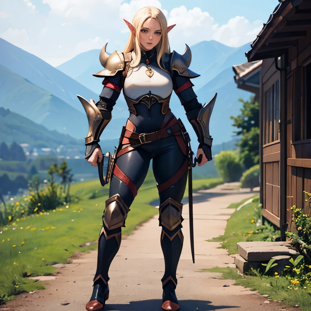 1girl, elven ears, blonde hair, UHD, masterpiece, anatomically correct, high quality, ((sfw)), ((full body armor)), in a elven village, full body picture, (muscular), holding a sword, 175 cm of height