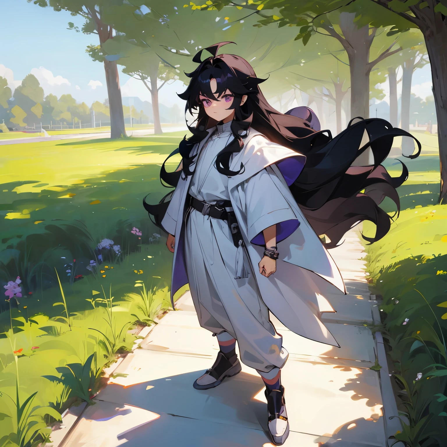 Child Male , 1male , Black Hair , long Hair , Wavy Hair , Spiky Hair , Purple Eyes , White Clothing , Standing on path , Sunny Day