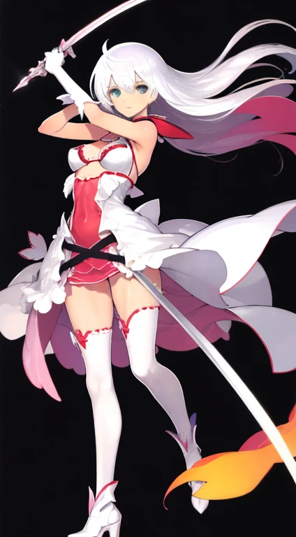 (((Best Quality))) , ((full body)), female, character design, solo, ( white background:1.3), holding sword, thigh high, summer outfit, colorful outfit, bare arms, Bust Bodice, bare waist, standing, backless casual dress, bikini, side slit skirt, gloves,