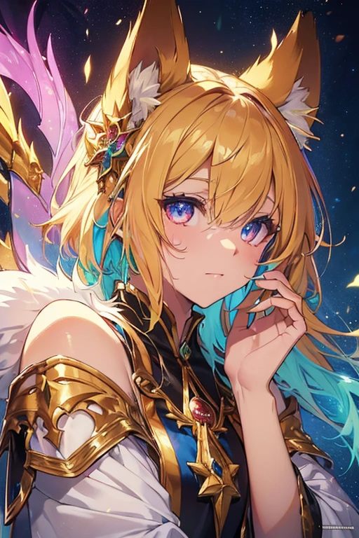 (fantasy sister, robe with gold decoration)(colorful stained glass, volumetric lighting backlighting good lighting, colorful refraction)depth of field(highly detailed beautiful face and eyes)perfect anatomy(furry beastman)(fur covered body animal facial features animal body features)(animal muzzle highly detailed fur)