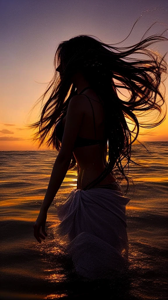 Araffe woman in the water, bikini set, look above, hair blowing in the wind, backlit hair flowing, In the water up to her shoulders, hair is flowing, long hair floating, Wet hairไหล, A sunset glow was behind her head., rising from the ocean, hair blowing in the wind, Wet hair, Shake off the water., beautiful picture, very beautiful picture, I float on the water., The feeling of flowing beautifully, Glowing hair flows smoothly., reflection of water drops, The picture is very backlit., The front is dark, the back is bright.