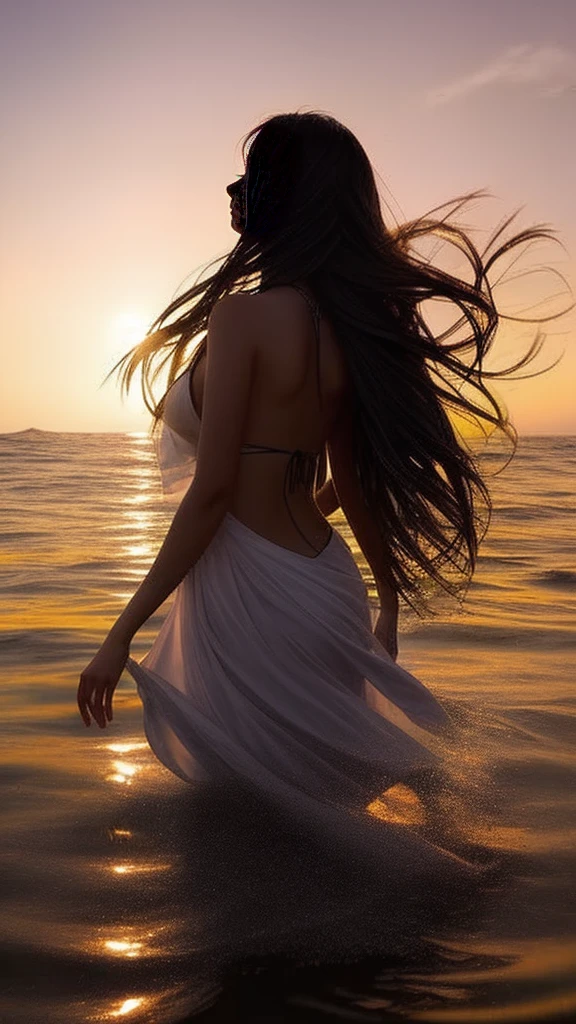 Araffe woman in the water, bikini set, look above, hair blowing in the wind, backlit hair flowing, In the water up to her shoulders, hair is flowing, long hair floating, Wet hairไหล, A sunset glow was behind her head., rising from the ocean, hair blowing in the wind, Wet hair, Shake off the water., beautiful picture, very beautiful picture, I float on the water., The feeling of flowing beautifully, Glowing hair flows smoothly., reflection of water drops, The picture is very backlit., The front is dark, the back is bright.