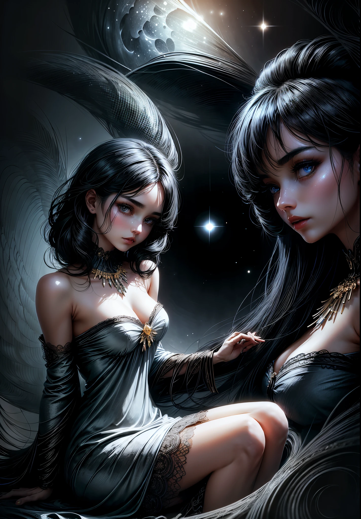 In the quiet stillness of the night, a black haired fairy of the moon sits upon her shimmering bedazzled crescent throne, her eyes alight with wonder as she watches a single star shoot across the sky. The stellar winds blow hot and cold, carrying her thoughts and dreams to the far reaches of the universe, much jewelry, topiary, filigree, beautiful silken dress, lacey accessories, time, full beautiful hair, beautiful eyes, swirling curling twirling beautiful fluffy hair,