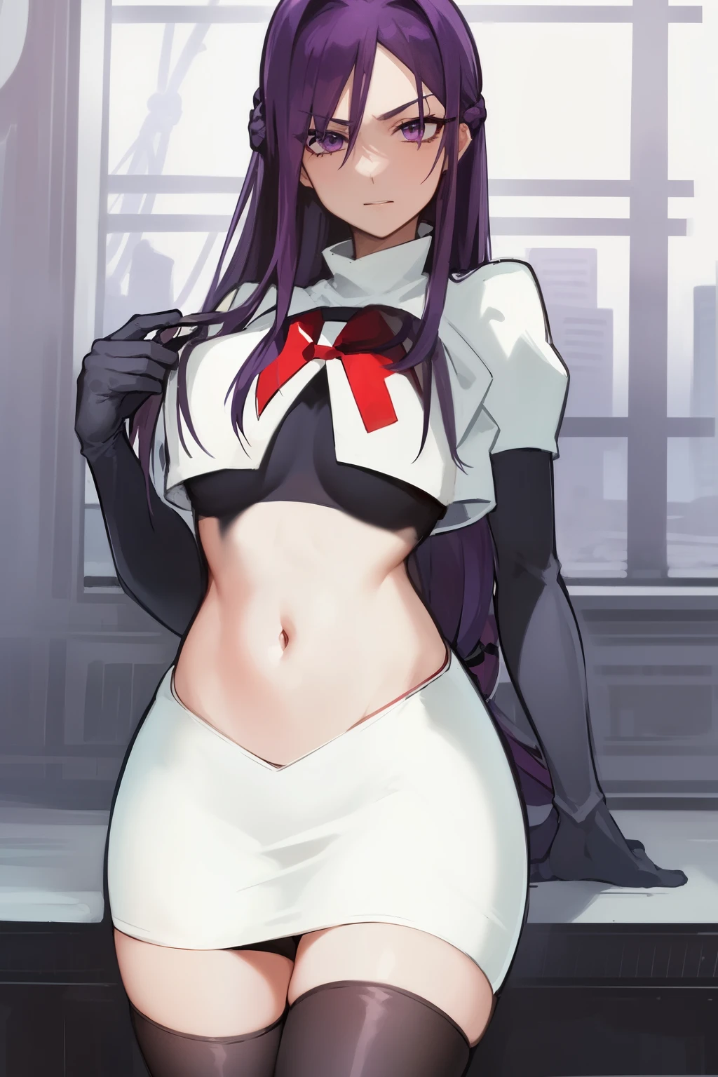 Masterpiece, stunning realistic, best quality, sharpness, 1 girl ,jessie pokemon, solo, team rocket, gloves, hair slicked back, long hair, jewelry, skirt, navel, thighhighs, earrings, elbow gloves, team rocket uniform, crop top, blue eyes, midriff, white background, belt, black gloves, very long hair, simple background, smile, black thighhighs, purple hair, looking at viewer, breasts, white skirt, miniskirt,large breasts,standing in a city,arms behind head ,shirt lift and pants pull concept, (shirt lift:1),cute bra,nipple slip,nipples,show nipples,nipples peaks out