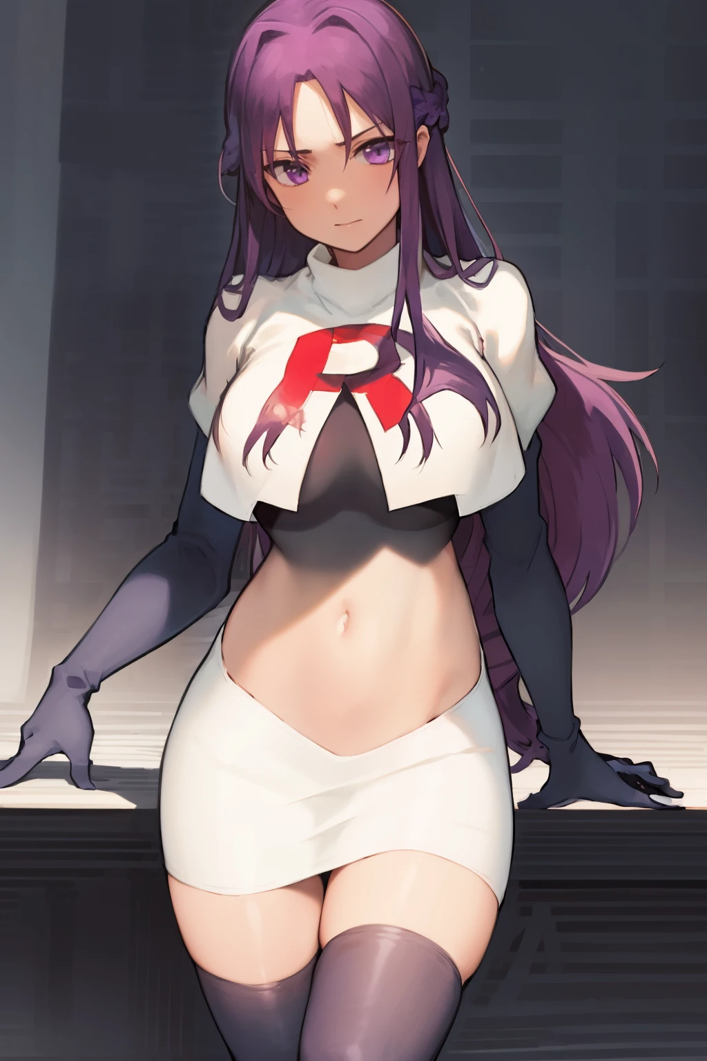 2d, masterpiece, best quality, anime, highly detailed, cowboy shot, 1girl, solo, yuri, purple eyes, purple hair, long hair, hairclip, [[large breasts]], team rocket,team rocket uniform,white skirt,red letter R,crop top,black thigh-highs,black elbow gloves