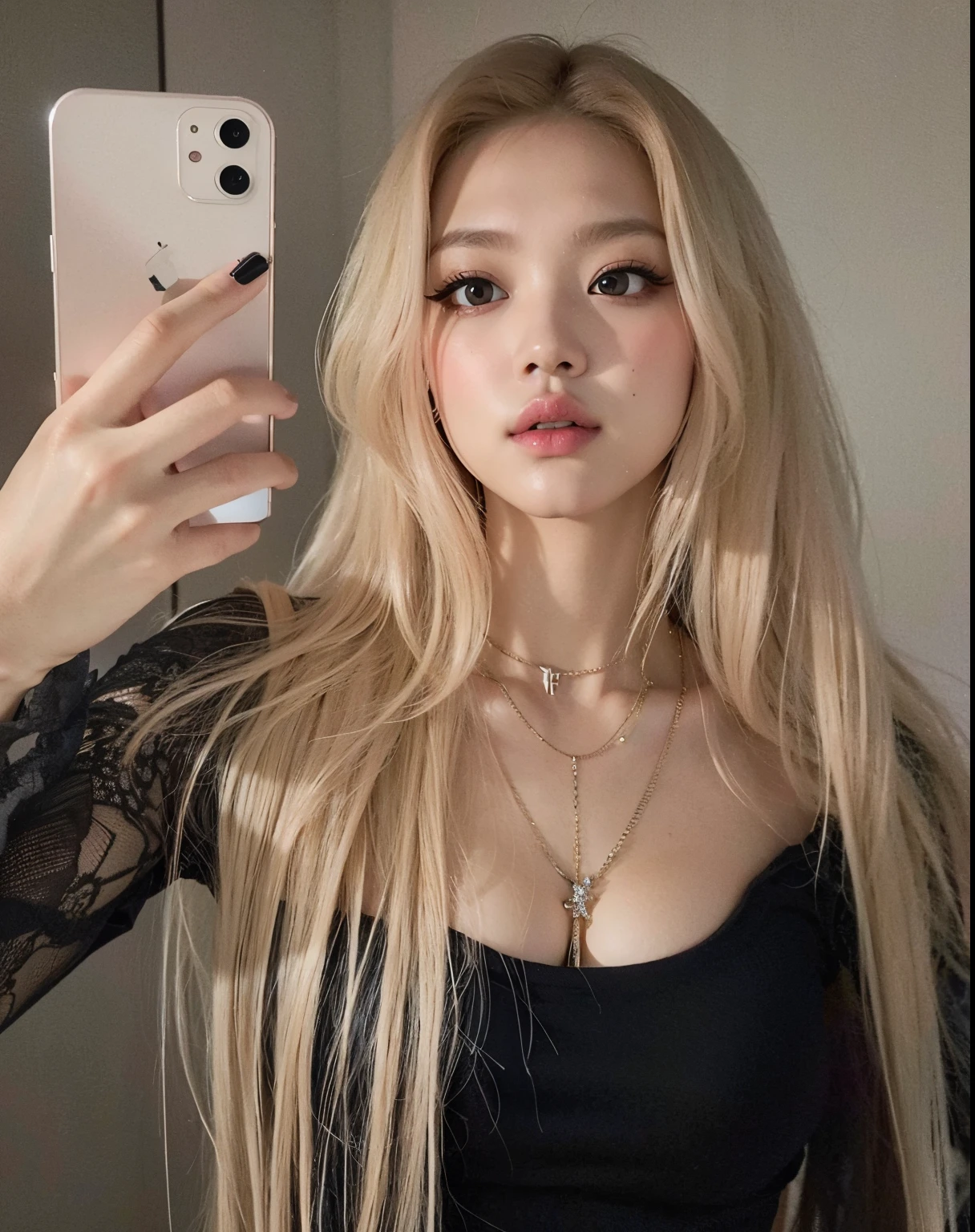 Blonde Rosé taking a selfie in a mirror with a cell phone, longos cabelos loiros e olhos grandes, ava max, longos cabelos loiros e olhos grandes, 18 anos, com longos cabelos loiros, 1 6 anos, Anna Nikonova aka Newmilky,  com longos cabelos loiros, 19-year-old girl, with long hair and piercing eyes Rosé blackpink