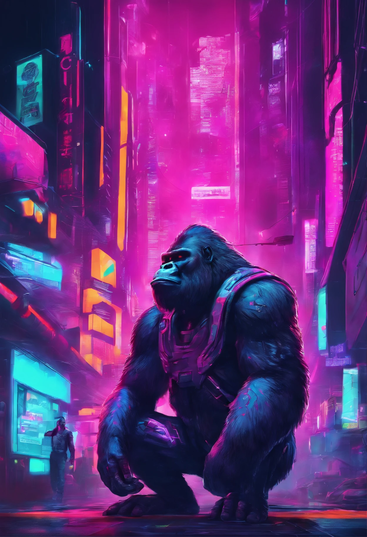 futuristic cyberpunk gorilla, gorilla hiding its eyes, gorilla plugging ears, hide your mouth