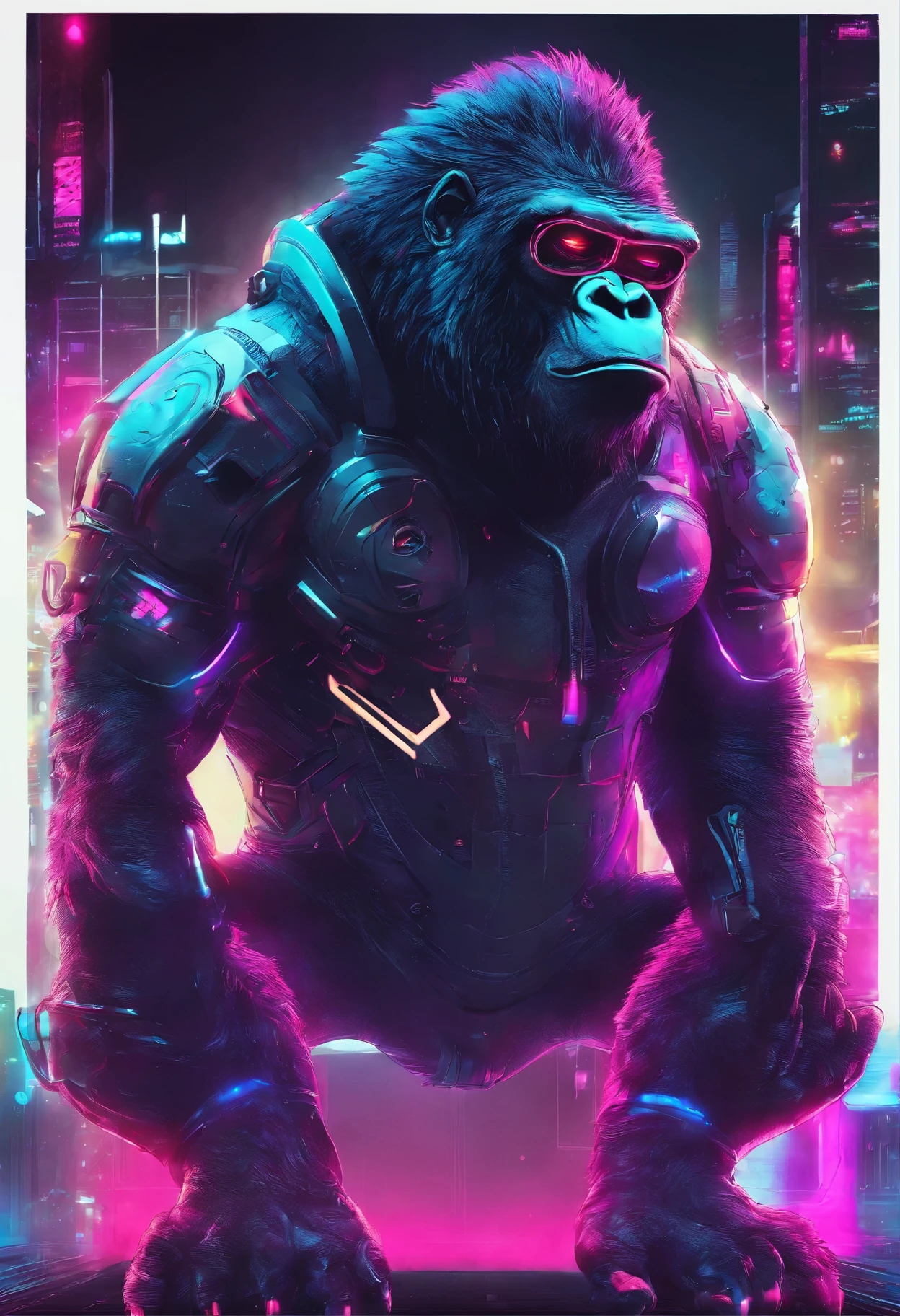 futuristic cyberpunk gorilla, gorilla hiding its eyes, gorilla plugging ears, hide your mouth