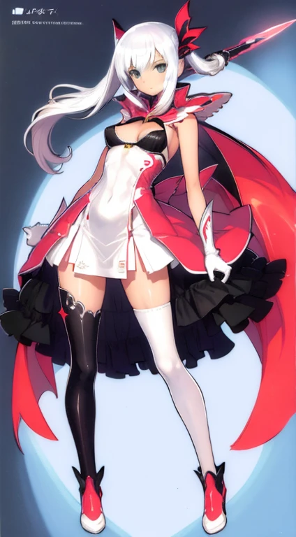 (((Best Quality))) , ((full body)), female, character design, solo, ( white background:1.3), holding sword, thigh high, summer outfit, colorful outfit, bare arms, Bust Bodice, bare waist, standing, backless casual dress, bikini, side slit skirt, gloves,