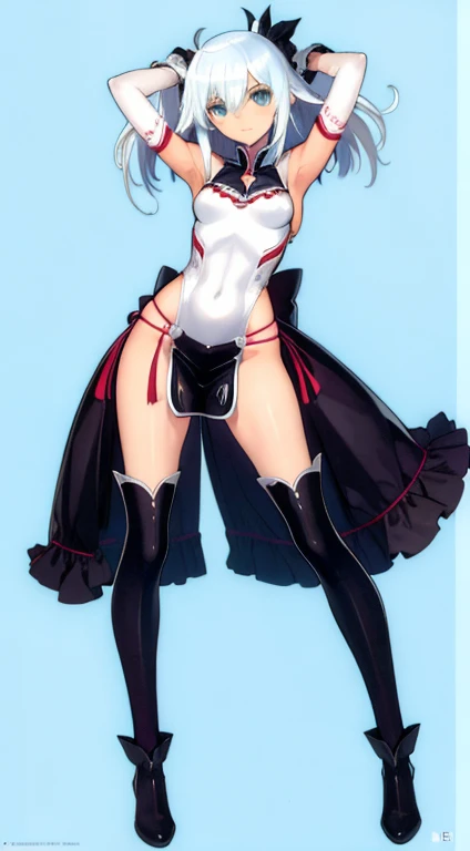 (((Best Quality))) , ((full body)), female, character design, solo, ( white background:1.3), holding sword, thigh high, summer outfit, colorful outfit, bare arms, Bust Bodice, bare waist, standing, backless casual dress, bikini, side slit skirt, gloves,
