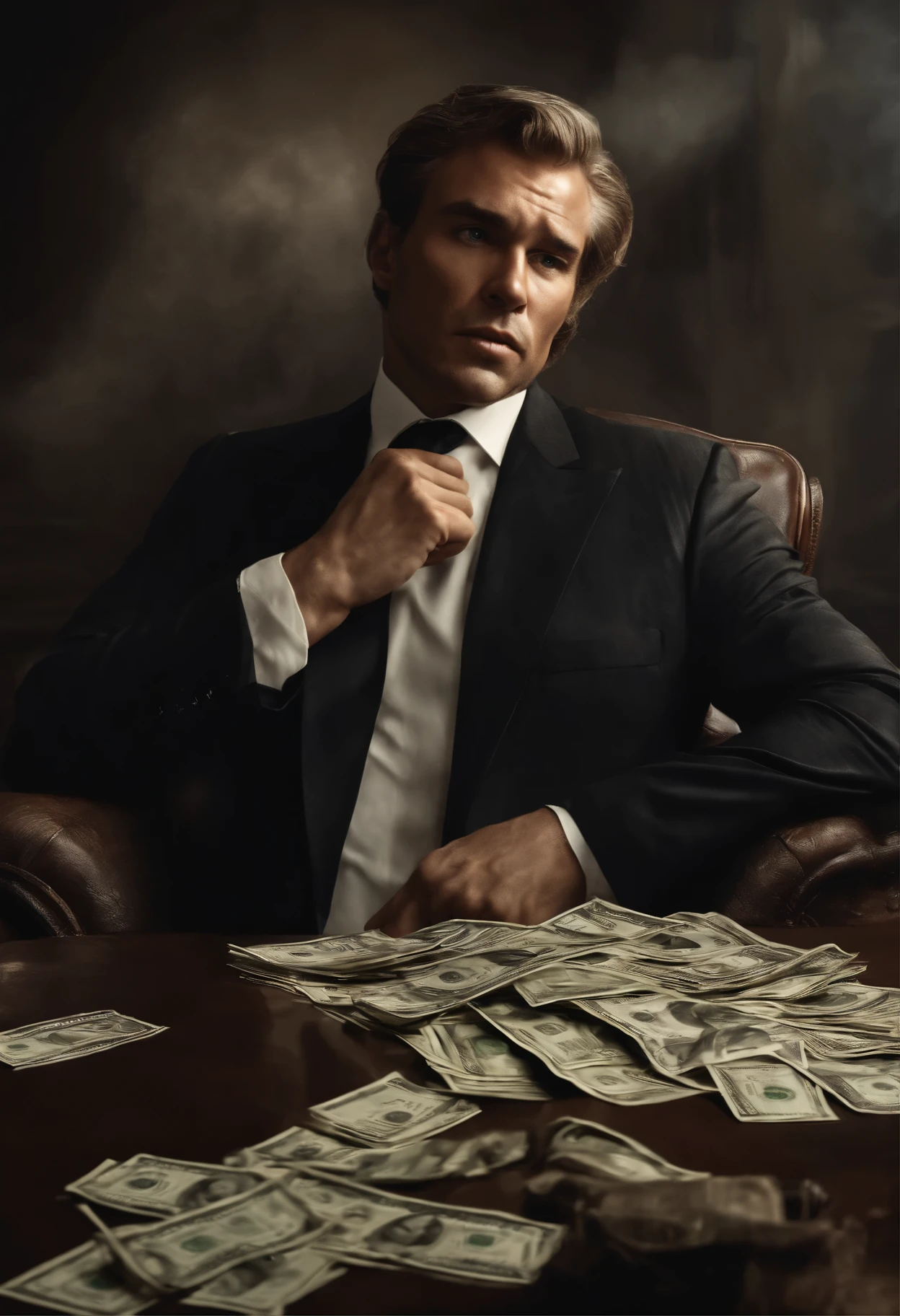 Man fighting money seating in a posh office, Oil Painting, Harsh brush strokes, Dramatic Lighting, intense expression, Determined eyes, hold fists, sweat dripping down his face, Wrinkled suit, broken chains, Crumbling dollar bills, Crumbling Stock Market Graph, Smoke rises in the background, Black and white with a touch of gold, Realism. (Best Quality, hight resolution, Ultra-detailed), (Realistic:1.37), Professional, Vivid colors.