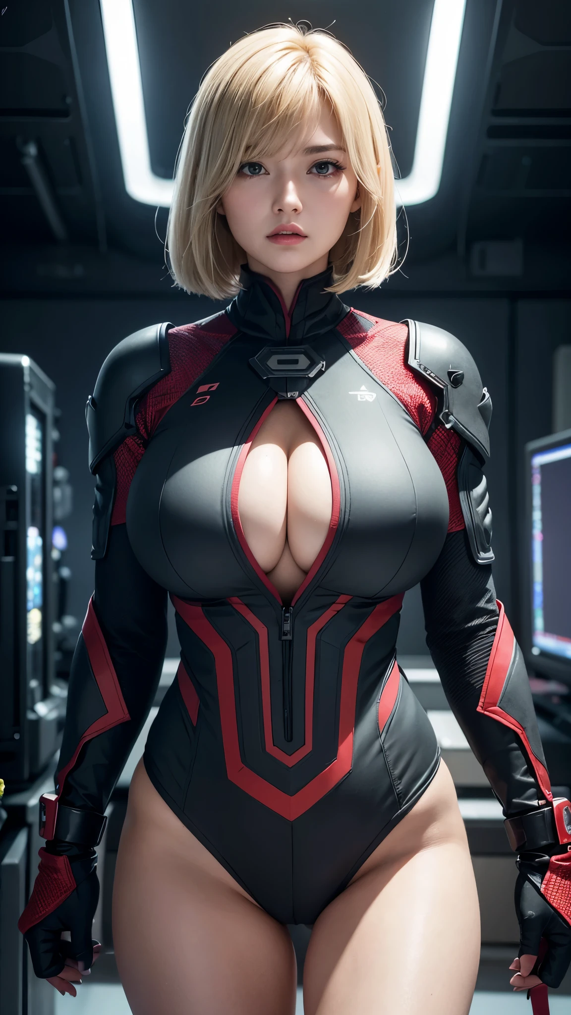 (hyper real)、Super Future Female Army Soldier、Women's Combat、
Vast　beautiful woman　High level image quality　High resolution　realistic　short hair　blonde、　blondeの女性、mature woman、middle-aged women、((big big tits))、Detailed red-black   ,,,,,,、fine skin texture、超High resolution、realistic、Chubby body shape、angry face、beauty of middle age、beautiful expression、Detailed red-black乳輪付き 、detailed green iron、long fluffy hair、Kamimei、非常に繊細でfine skin texture、３５Army Soldier Women、(blondeの)、(A very futuristic existence, Fascinating and huge computer lab)、Female soldiers、big cleavage、big open neckline、big red lips、(Wearing a black combat suit)、Soio