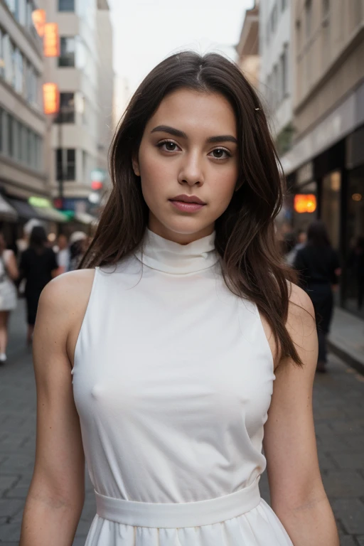 ((best quality)), ((masterpiece)), (detailed), perfect face realistic photo of beautiful woman with long dark brown hair, Russian, influencer, light freckles, dark brown eyes, big lips, no makeup, instagram, standing in a white and black dress, by Adam Saks, tumblr, elegant evening gowns!, sleeveless turtleneck, draped in flowing fabric, inspo, trending photo, high détail, off - white style, black outfit, very detailed »