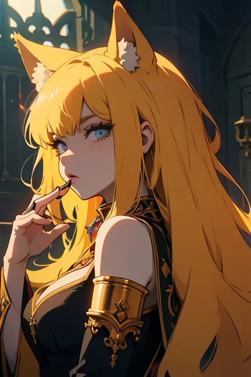(fantasy sister, robe with gold decoration)(colorful stained glass, volumetric lighting backlighting good lighting, colorful refraction)depth of field(highly detailed beautiful face and eyes)perfect anatomy(furry beastman)(fur covered body animal facial features animal body features)(animal muzzle highly detailed fur)