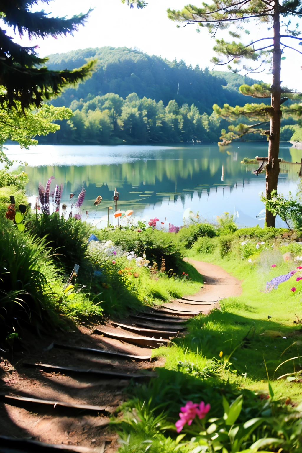 in the forest、flower garden、lake