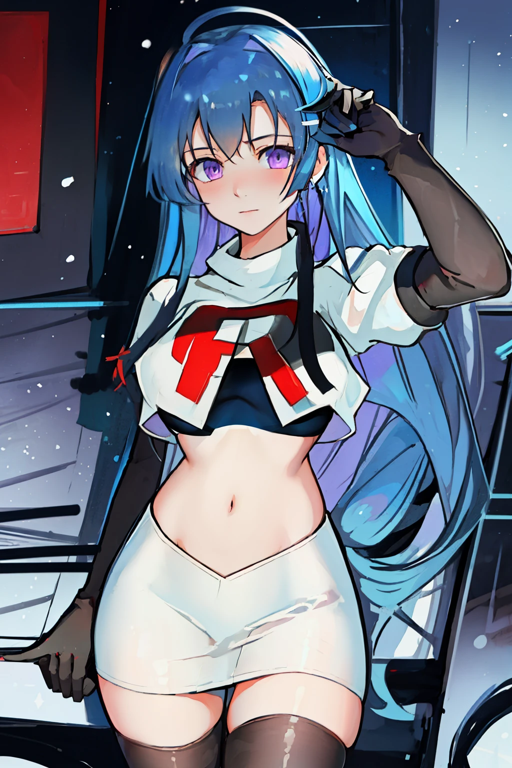 best quality, masterpiece, highres, solo, {helena_azurlane:1.15}, blue_hair, long_hair, ahoge, purple_eyes, breasts, blush, bangs, hair_ornament, medium_breasts, hair_between_eyes, 1girl, cowboy shot,looking_at_viewer, large_breasts, team rocket,team rocket uniform,white skirt,red letter R,crop top,black thigh-highs,black elbow gloves