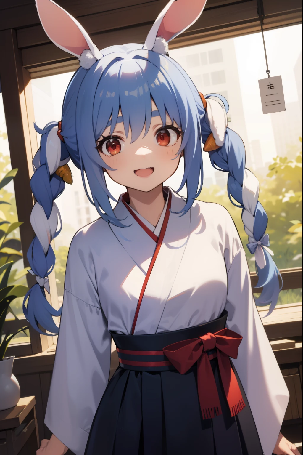 Used Pecora, animal ears, blue hair, Mitsuami, carrot hair ornaments, hair ornaments, colorful hair, (red eyes:1.5), Bunny ears, twin Mitsuamis, twin tails, two tone hair,laughter,New Year、hakama