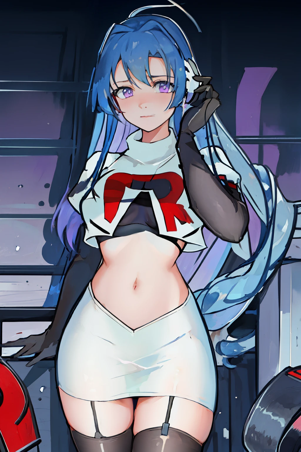 best quality, masterpiece, highres, solo, {helena_azurlane:1.15}, blue_hair, long_hair, ahoge, purple_eyes, breasts, blush, bangs, hair_ornament, medium_breasts, hair_between_eyes, 1girl, cowboy shot,looking_at_viewer, large_breasts, team rocket,team rocket uniform,white skirt,red letter R,crop top,black thigh-highs,black elbow gloves