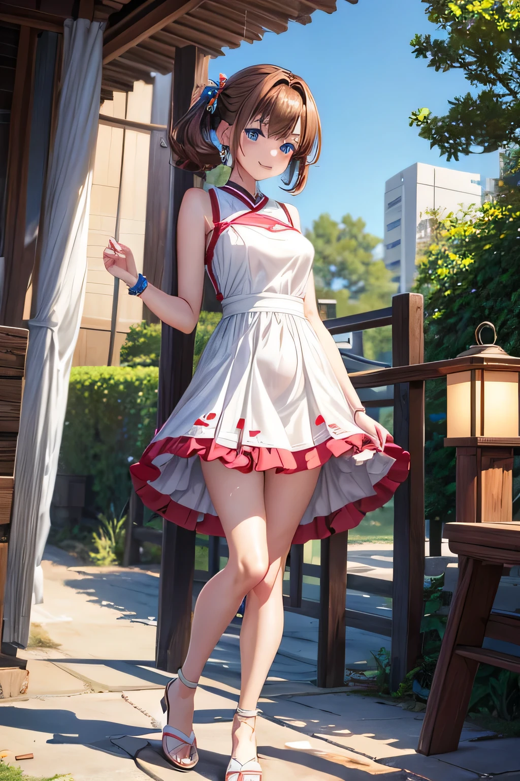 android, beautiful robot, 短いおさげのbrown hair, Hair tie with two big red clothespins, big smile, brown hair, middle age, old age, joint seam, blue eyes, full body figure, Height: 160cm, Light beige micro mini dress, fluttering skirt, skirt folds, white retro swimwear, Uplifting, 2020s anime picture,ball joint, 21thcentury japanese animation
