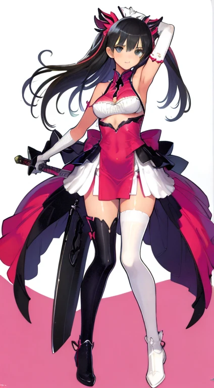 (((Best Quality))) , ((full body)), female, character design, solo, ( white background:1.3), holding sword, thigh high, summer outfit, colorful outfit, bare arms, Bust Bodice, bare waist, standing, backless casual dress, bikini, side slit skirt, gloves,