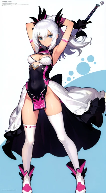 (((Best Quality))) , ((full body)), female, character design, solo, ( white background:1.3), holding sword, thigh high, summer outfit, colorful outfit, bare arms, Bust Bodice, bare waist, standing, backless casual dress, bikini, side slit skirt, gloves,