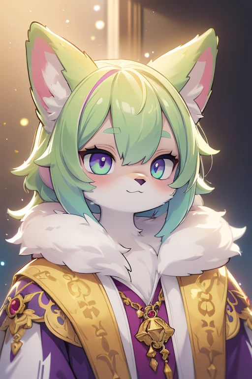 (fantasy sister, robe with gold decoration)(colorful stained glass, volumetric lighting backlighting good lighting, colorful refraction)depth of field(highly detailed beautiful face and eyes)perfect anatomy(furry beastman)(fur covered body animal facial features animal body features)(animal muzzle highly detailed fur)