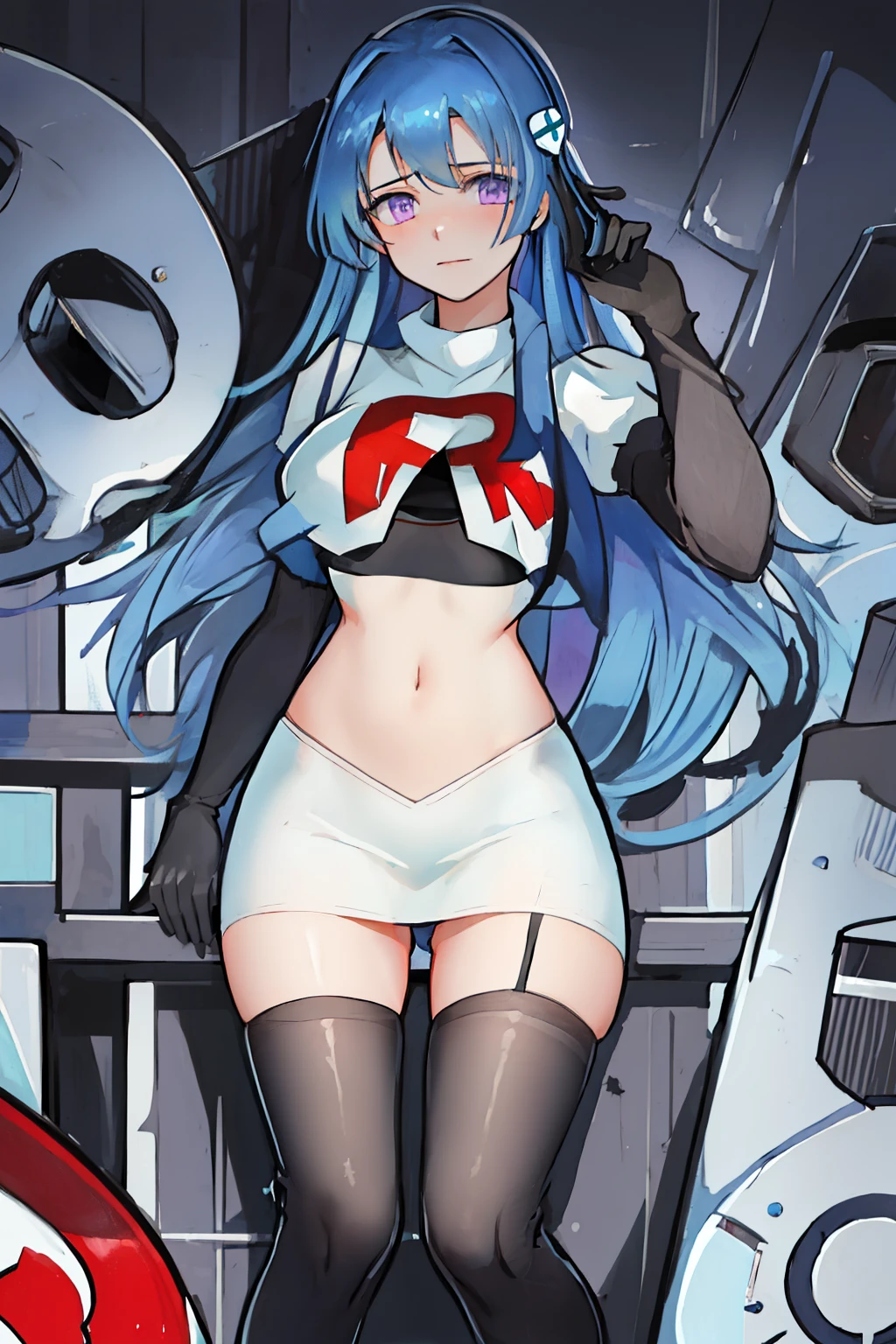 best quality, masterpiece, highres, solo, {helena_azurlane:1.15}, blue_hair, long_hair, ahoge, purple_eyes, breasts, blush, bangs, hair_ornament, medium_breasts, hair_between_eyes, 1girl, cowboy shot,looking_at_viewer, large_breasts, team rocket,team rocket uniform,white skirt,red letter R,crop top,black thigh-highs,black elbow gloves
