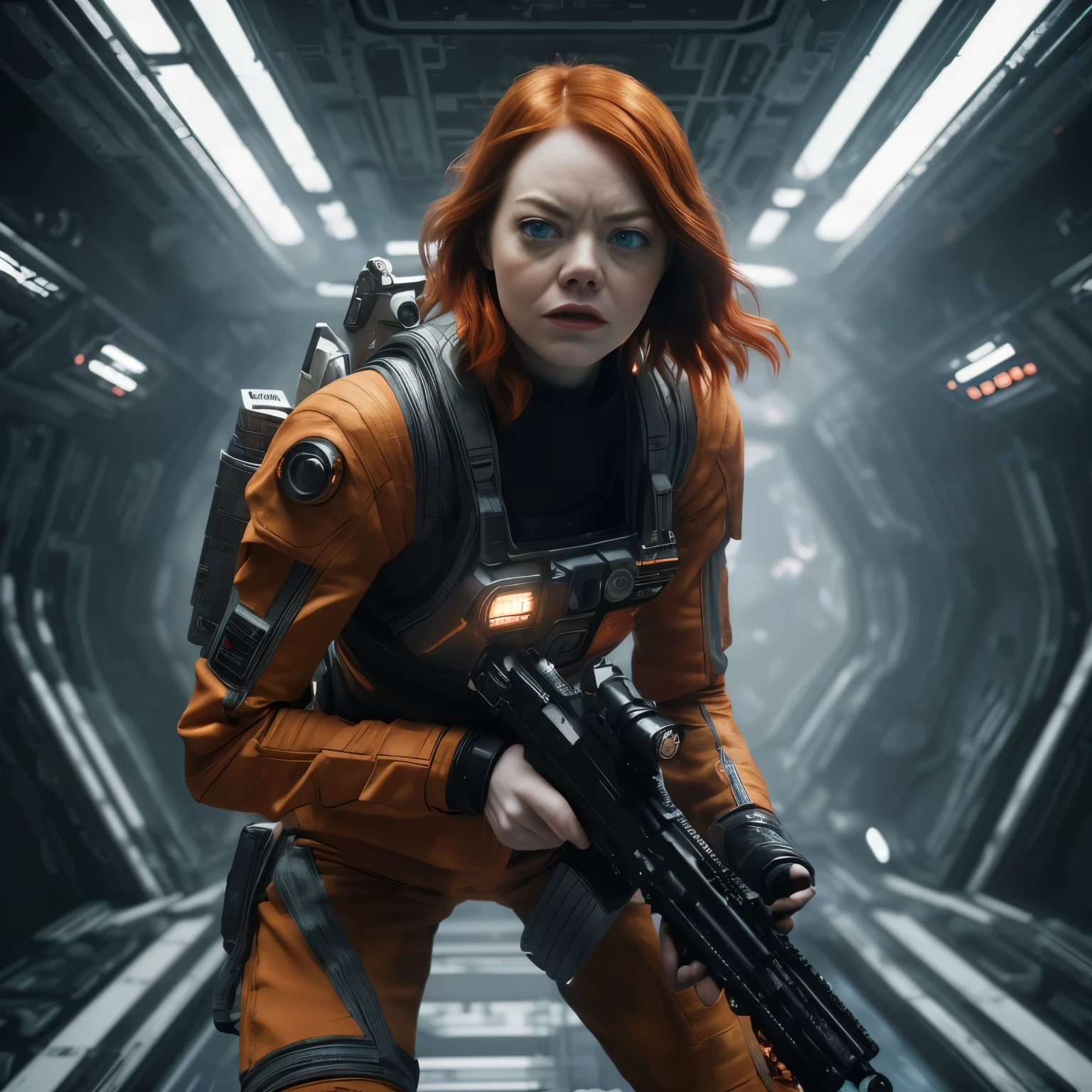 Hot terrified Sci fi Emma Stone holding a sci fi pistol on Daad space Ishimura Horror Space Ship photography, natural light, photorealism, cinematic rendering, ray tracing, the highest quality, the highest detail, Cinematic, Third-Person View, Blur Effect, Long Exposure, 8K, Ultra-HD, Natural Lighting, Spooky Red mist Moody Lighting, Cinematic Lighting