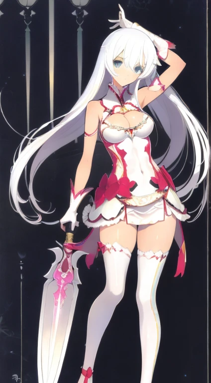 (((Best Quality))) , ((full body)), female, character design, solo, ( white background:1.3), holding sword, thigh high, summer outfit, colorful outfit, bare arms, Bust Bodice, bare waist, standing, backless casual dress, bikini, side slit skirt, gloves,