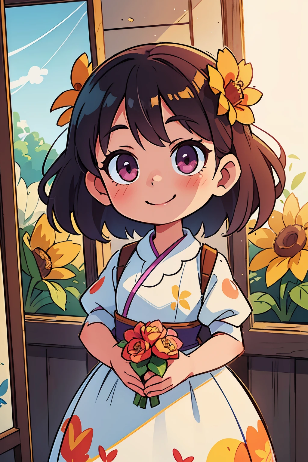 photoRealstic、A small child in a wedding dress stands in front of a painting、A smile、(High Definition Figure)、Flowing iridescent silk、up of face、Eye Up、Colorcon with heart pattern、Floral dress、There are also flowers in front of the girl.、season!!: 夏天☀ 🍂