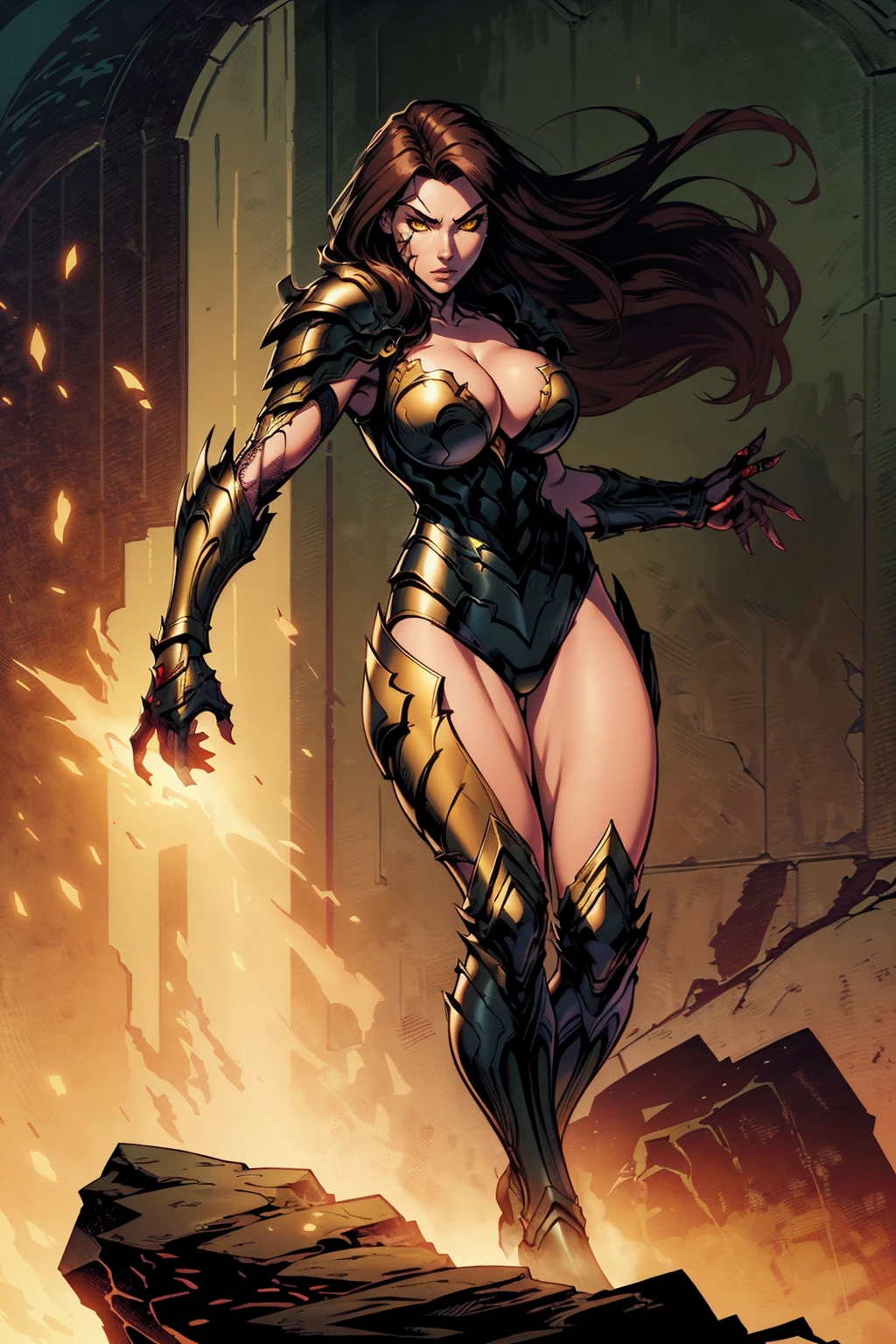 Witchblade Style, 1girl, solo, long hair, brown hair, cleavage, very long hair, yellow eyes, boots, armor, shoulder armor, clenched hand, colored sclera, pauldrons, black sclera, armor 