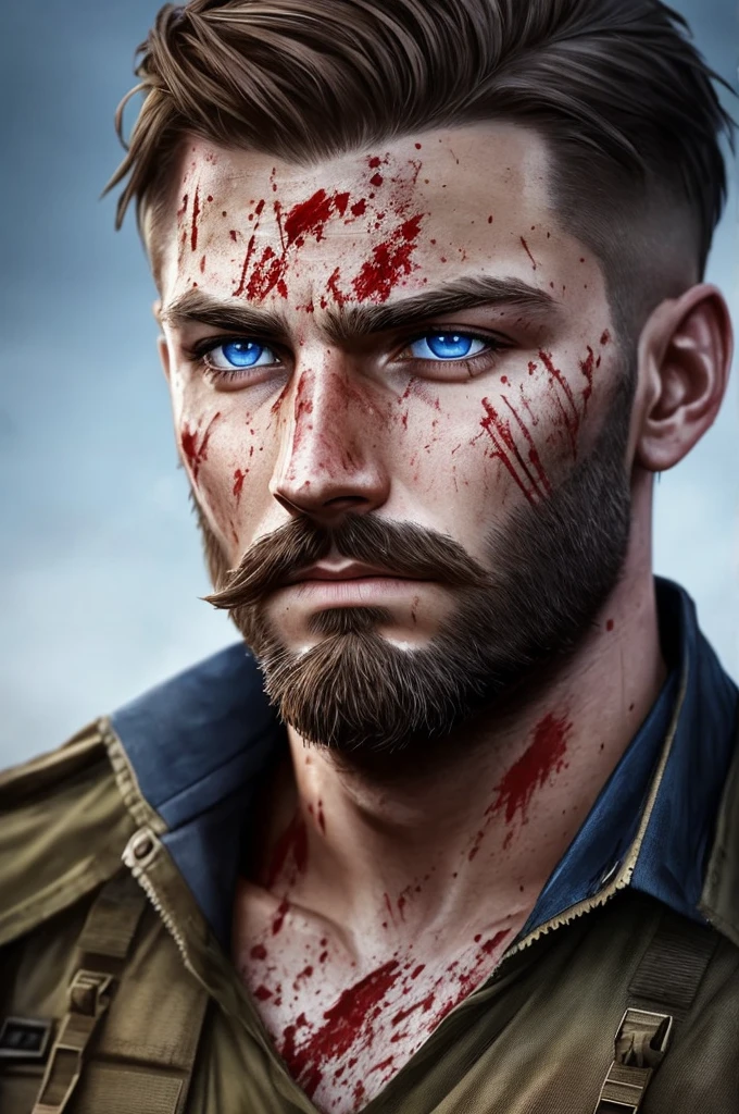 Realistic, detailed, male, soldier, face, dirt and blood smudge on face, facial hair stubble, sweat, blue eyes, sad expression, 