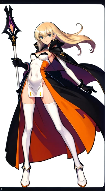 (((Best Quality))) , ((full body)), female, character design, solo, (white background), holding staff, gloves, thigh high, side slit trench skirt, blue, orange, green, violet, brown, white, colorful outfit, bare arms, bare waist, standing, backless casual dress, bikini, side slit skirt, gloves,