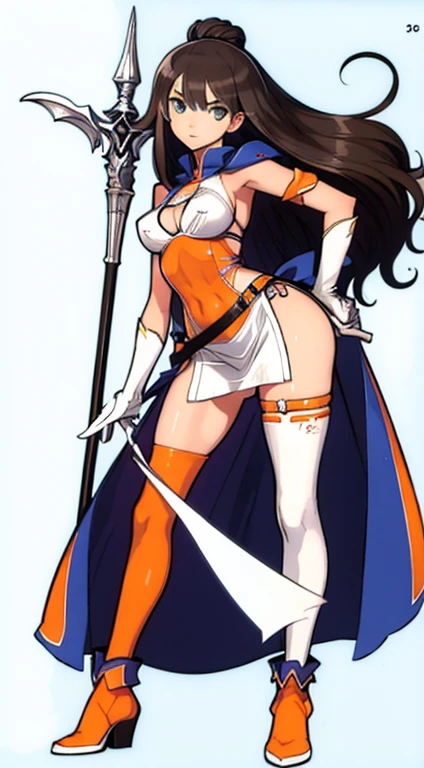 (((Best Quality))) , ((full body)), female, character design, solo, (white background), holding staff, gloves, thigh high, side slit trench skirt, blue, orange, green, violet, brown, white, colorful outfit, bare arms, bare waist, standing, backless casual dress, bikini, side slit skirt, gloves,