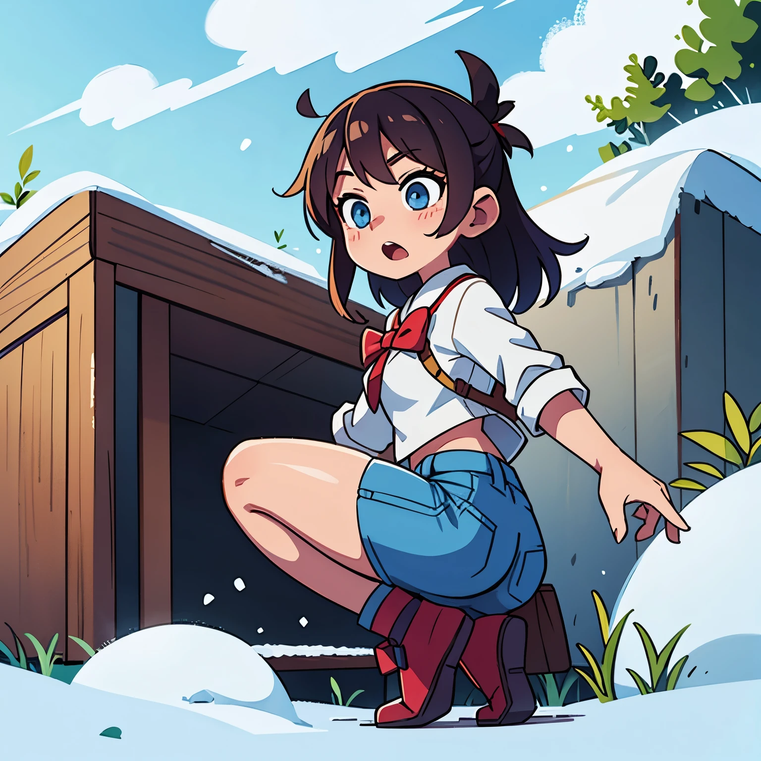 There is snow on the right side、The left half is summer、the girl looks surprised