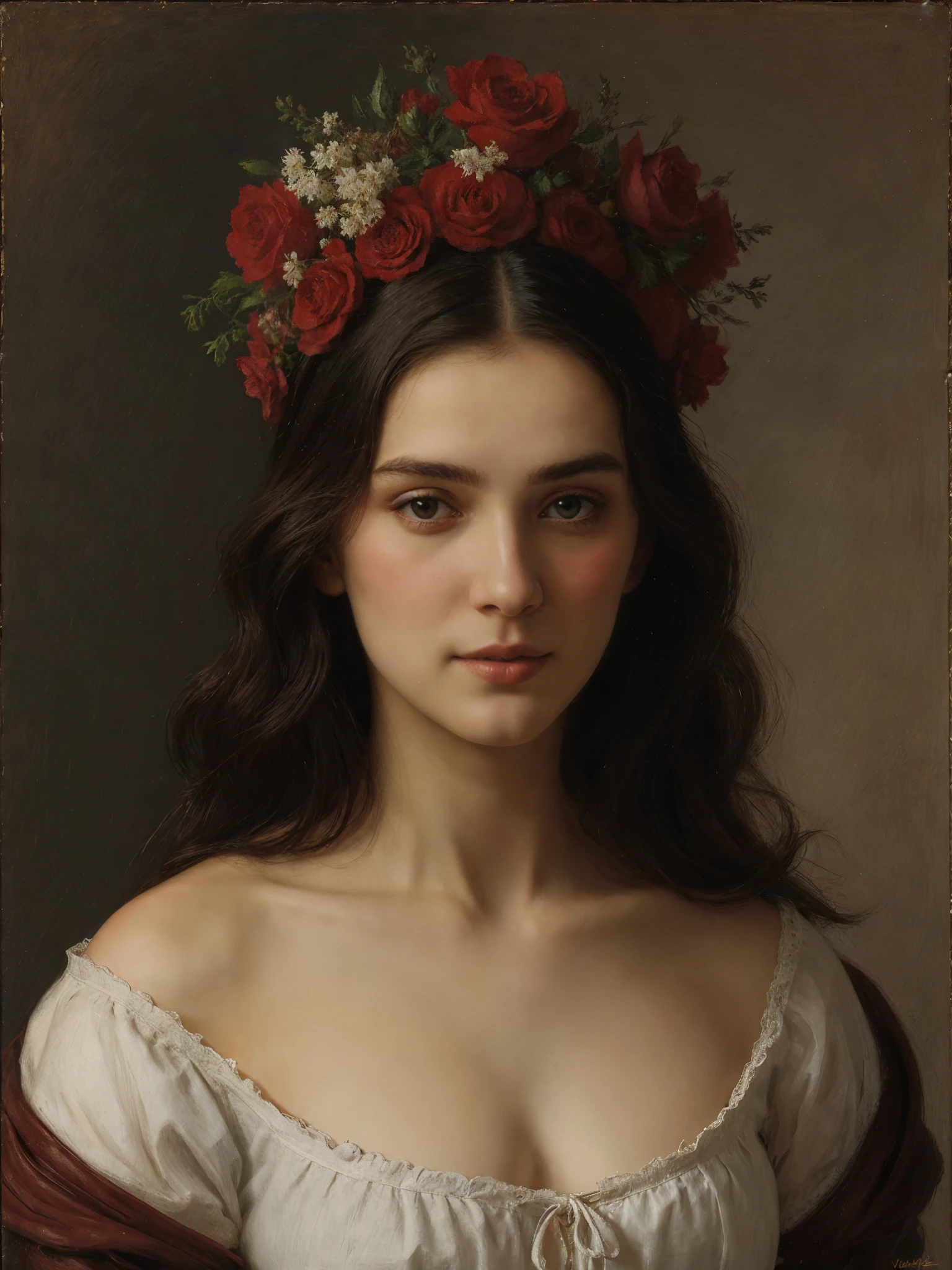 Nathalie Portmann,  25 ans, seductive look, sourire romantique, fine, brune, yeux verts, masterclass, 8K, UHD, HD, High quality, sexy, dans un tableau de peinture de la renaissance, Liberty Leading the People, topless, French Revolution, sixteen chapel