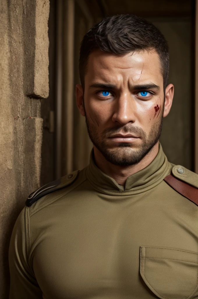 Realistic, detailed, male, soldier, face, dirt and blood smudge on face, facial hair stubble, sweat, blue eyes, sad expression,