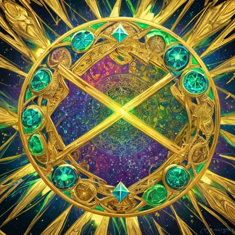 Create artist-like art Alex Grey, energy, mandala, magic energy, bright green colors, circle in the middle of the image, symmetry, symbol with golden details, golden effects, centered image, symmetry on all sides, image centered in the middle of the image, green crystals, green diamond in the middle of the image