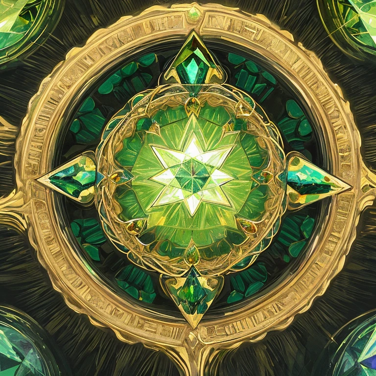 Create artist-like art Alex Grey, energy, mandala, magic energy, bright green colors, circle in the middle of the image, symmetry, symbol with golden details, golden effects, centered image, symmetry on all sides, image centered in the middle of the image, green crystals, green diamond in the middle of the image