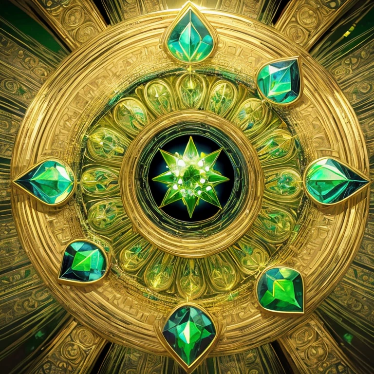 Create artist-like art Alex Grey, energy, mandala, magic energy, bright green colors, circle in the middle of the image, symmetry, symbol with golden details, golden effects, centered image, symmetry on all sides, image centered in the middle of the image, green crystals, green diamond in the middle of the image