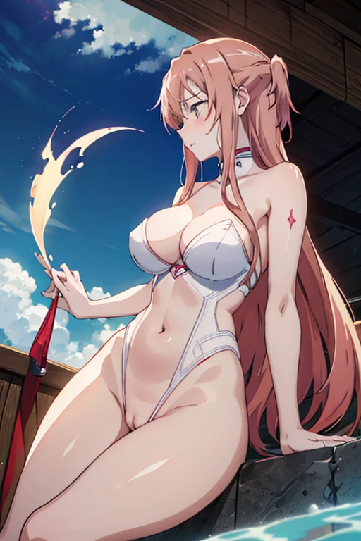 ((masterpiece)), ((best quality)), ((anime profile style)), ((HD 4k)), ultra-detailed, ray tracing, perfect lighting, Asuna Yuuki, nude, naked, busty, (pink cheeks), seductive, sexy face, sexy, curvy body, thick thighs, big breasts, big boobs, perfect anatomic, sexy pose, pornographic pose, no panties, hot thighs, (showing her pussy : 1.3), pretty pussy, blue sky, clouds,