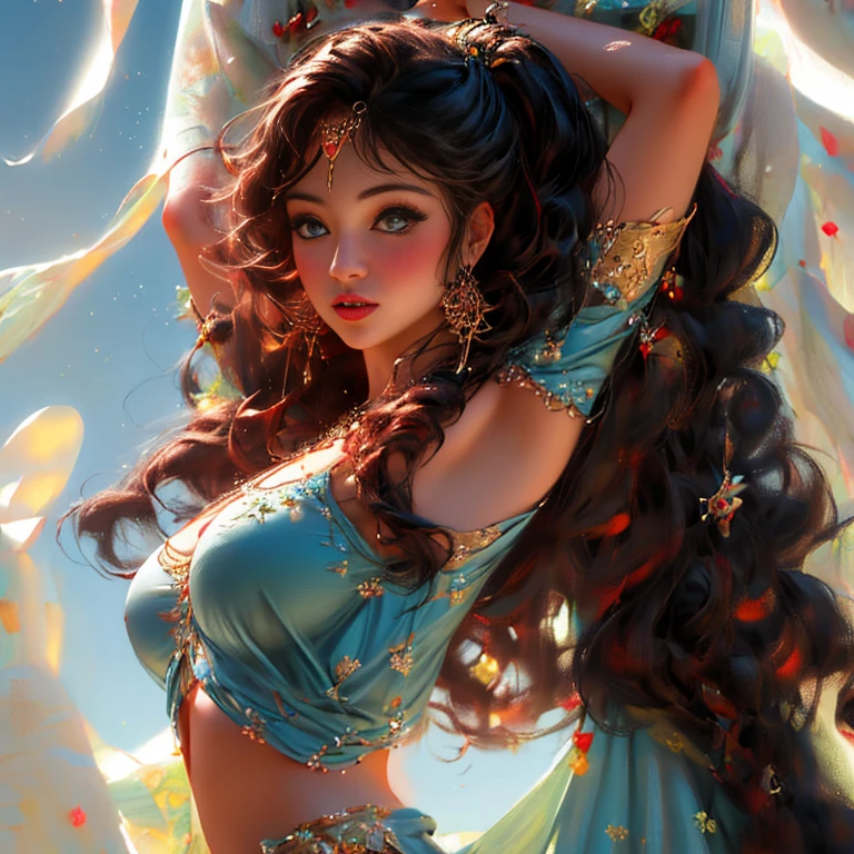 A girl jasmine disney in a in door garden ,beautiful detailed eyes,black hair, black eyes, persian beauty, beautiful detailed lips,extremely detailed eyes and face,longeyelashes,3D rendering,ultra-realistic,highres,(best quality,4k,8k,masterpiece:1.2),portrait, lush greenery, vibrant colors, soft sunlight. Acient persian female light blue dress, big breast, round hips, hair in a long ponytail, perfect eyes, looking on camera