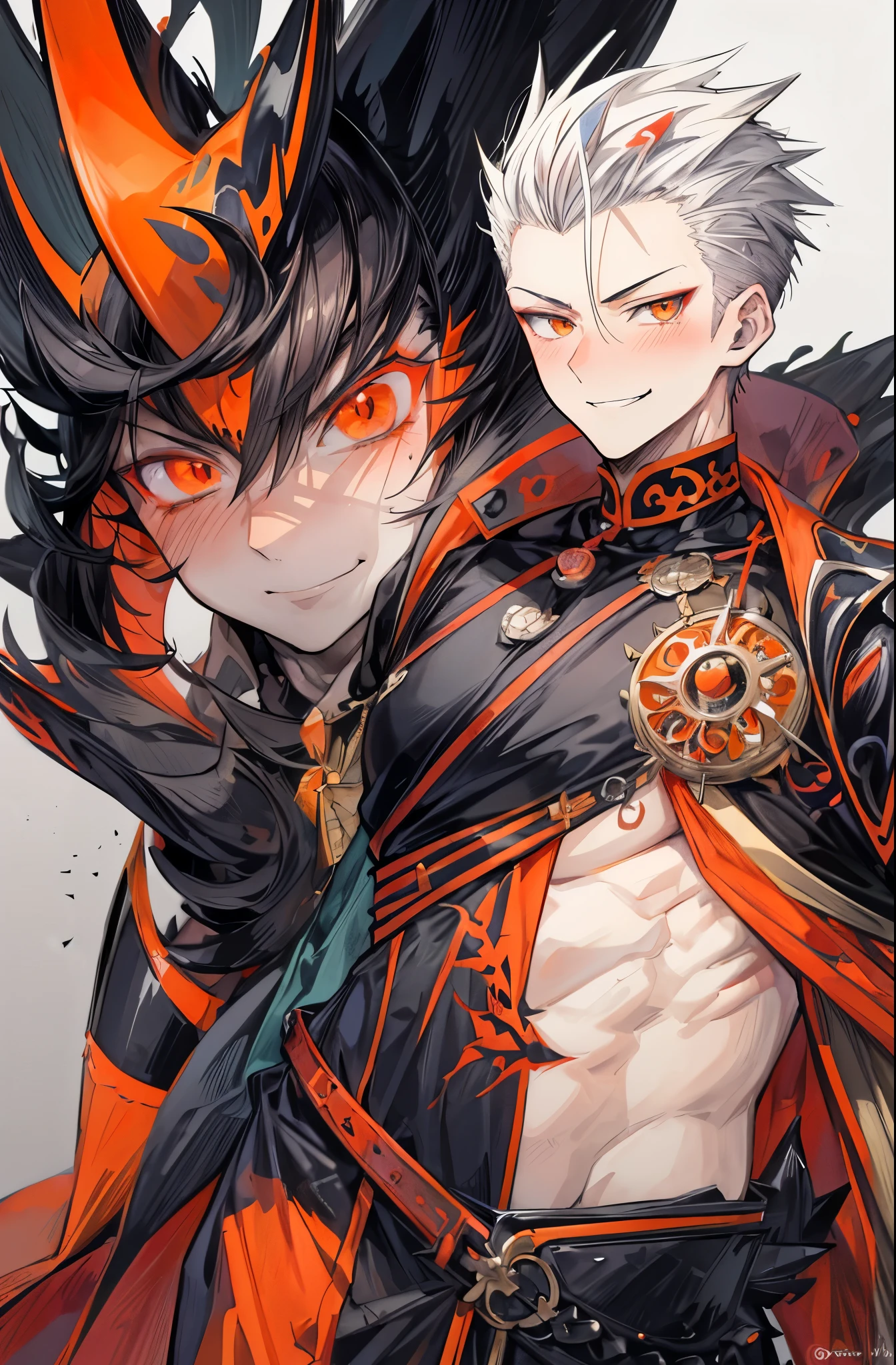 (flat color:1.1),(masterpiece:1.2), best quality, masterpiece, original,short black spiked hair, orange eyes and accents, (mature handsome anime man looking at the camera with a smile and blush:1.2), eastern dragon horns, scaly neck