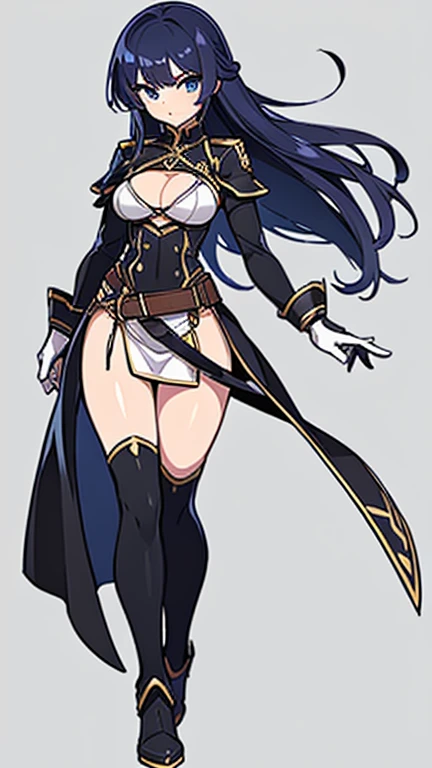 (((Best Quality))) , ((full body)), female, reference sheet, solo, (white background), holding weapon, gloves, slit trench skirt, belt, Bust Bodice, bare waist, standing, backless casual dress, bikini, side slit skirt, gloves,